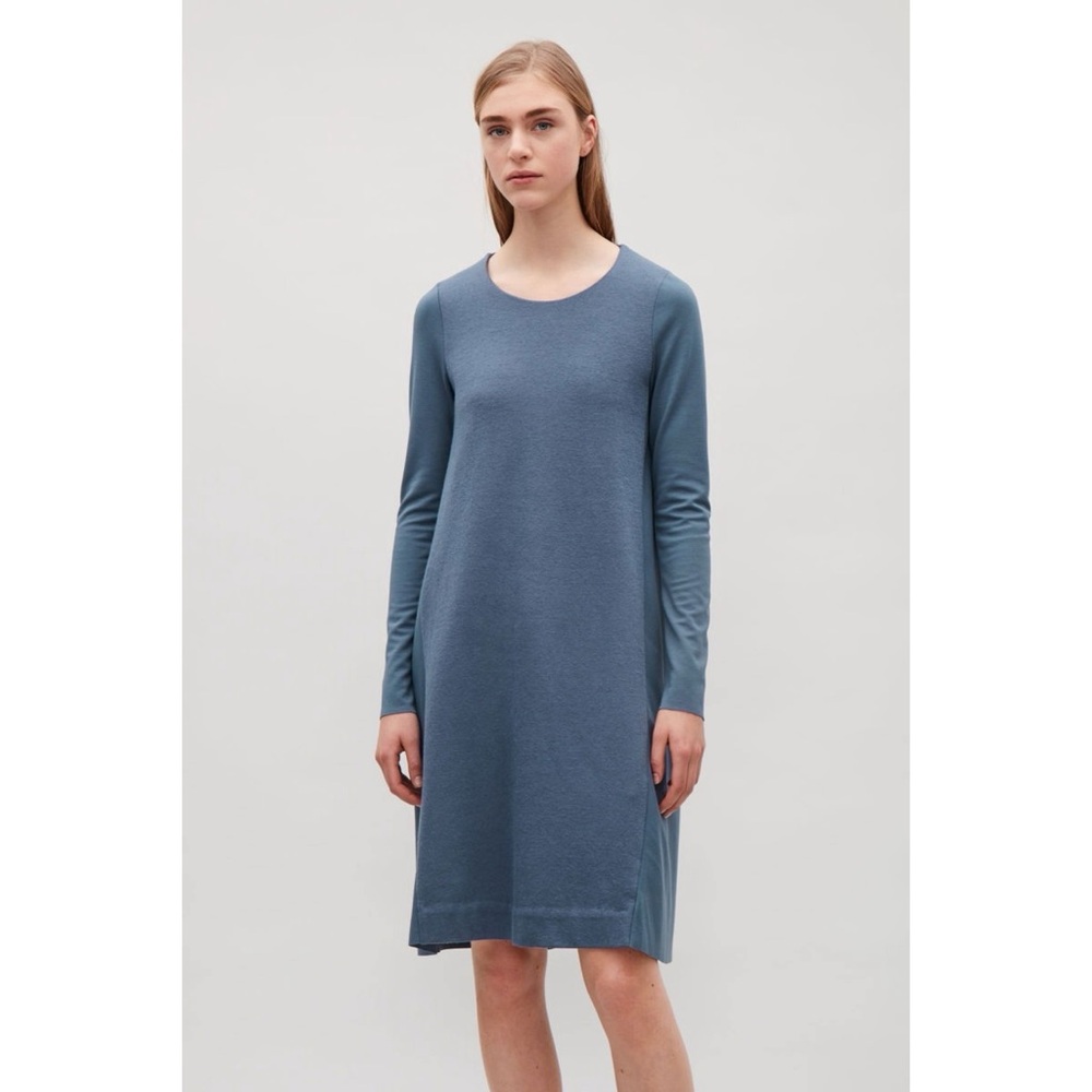 COS Contrast-front Jersey Dress Long Sleeve Cotton Wool Blend A-Line Blue EUR S